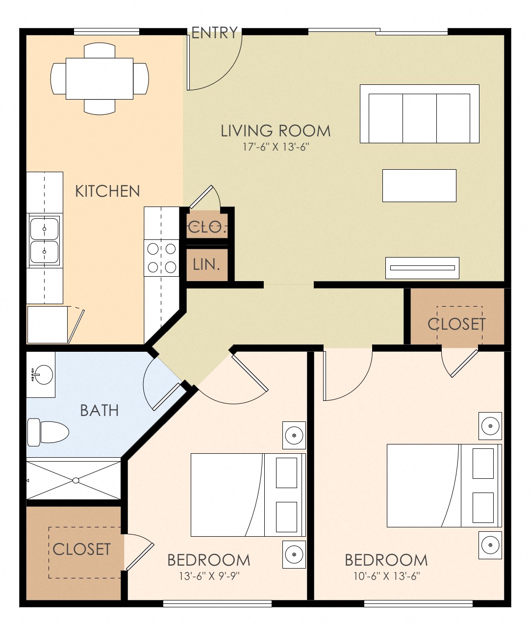 Floor plan for 2 beds, 1 bath, 798 sqft